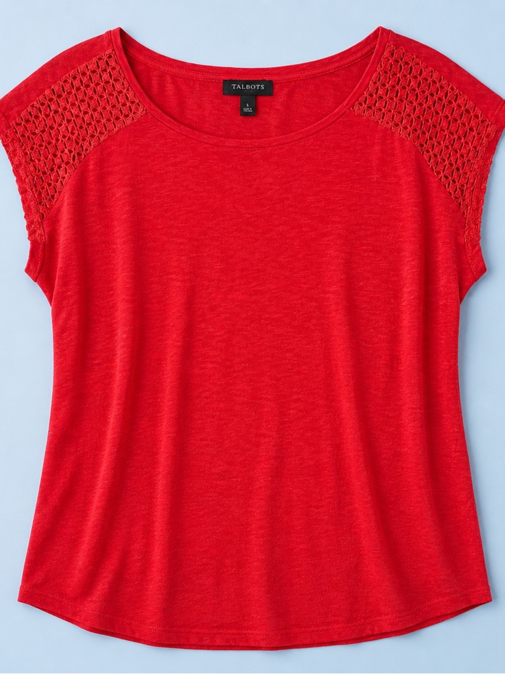 TALBOTS Tomato Red Cotton Top with Lace Detail on Shoulder and Back.EUC Size L